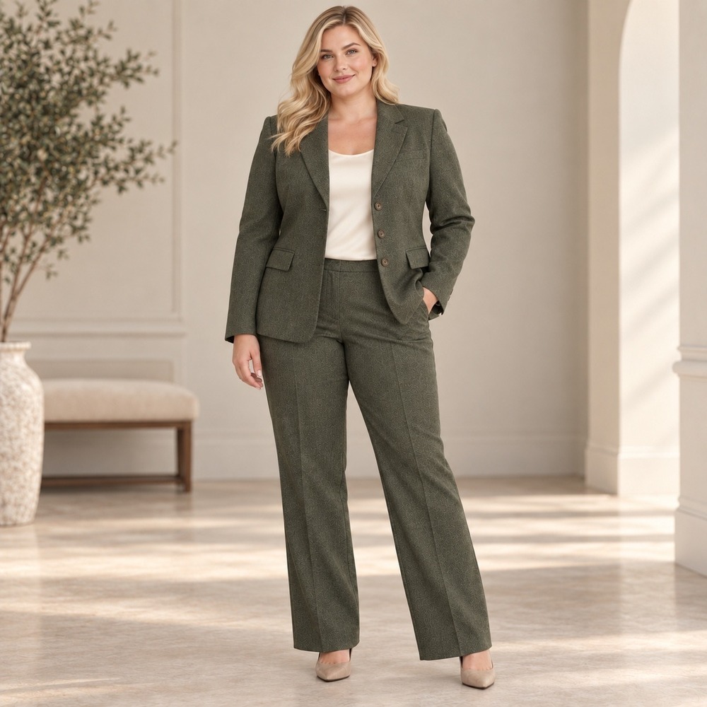 Vintage Le Suit Essentials Women's 18 Olive Herringbone Blazer Pantsuit 2 Piece
